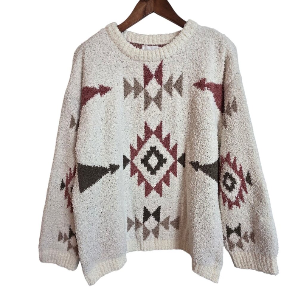 Heyson Sweater Womens Large Cream Aztec Pattern Pullover Soft Cozy Boho Knit